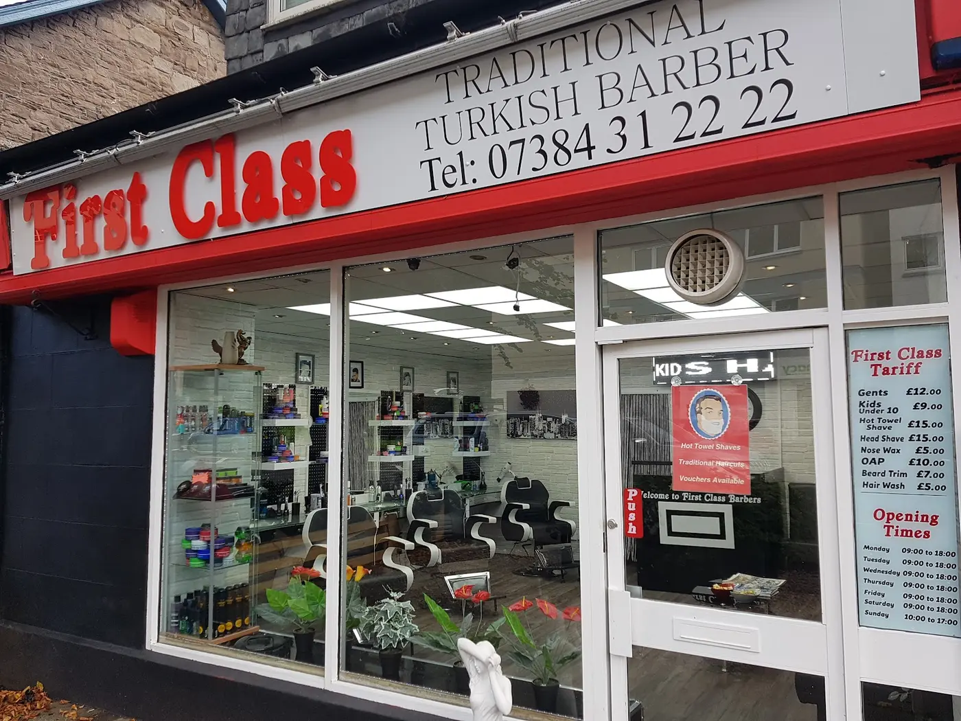 Red First Class shopfront on Henderson Street, signed Traditional Turkish Barber